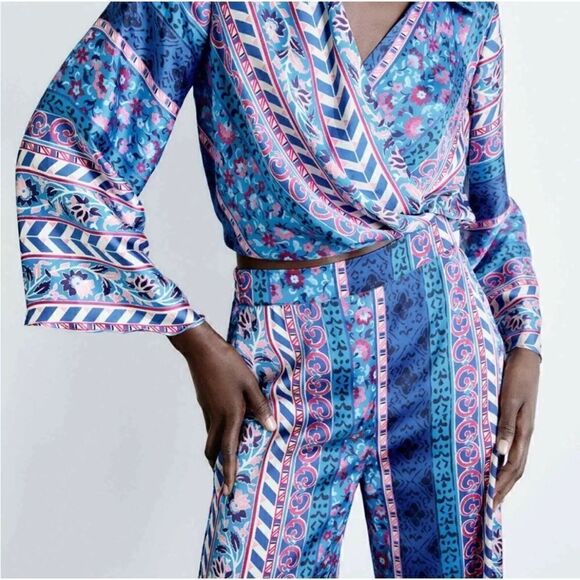 NWT Zara Satin Effect High Waisted Wide Leg Printed Pants, Size Medium - Picture 5 of 16